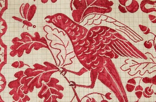 Hand-painted embroidery design depicting a parrot, a snail, and a lizard