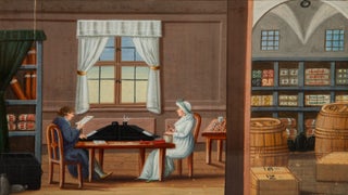 Item #1004075 Original nineteenth-century painting of shopkeepers at work. EPHEMERA