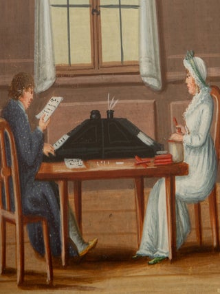 Original nineteenth-century painting of shopkeepers at work