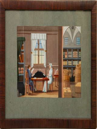 Original nineteenth-century painting of shopkeepers at work
