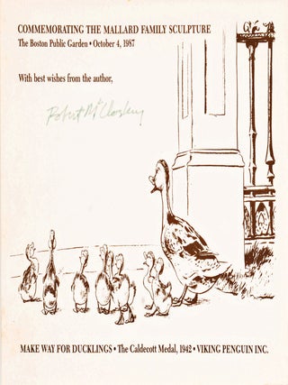 Make Way for Ducklings; with: signed bookplate commemorating the 1987 Mallard Family Sculpture